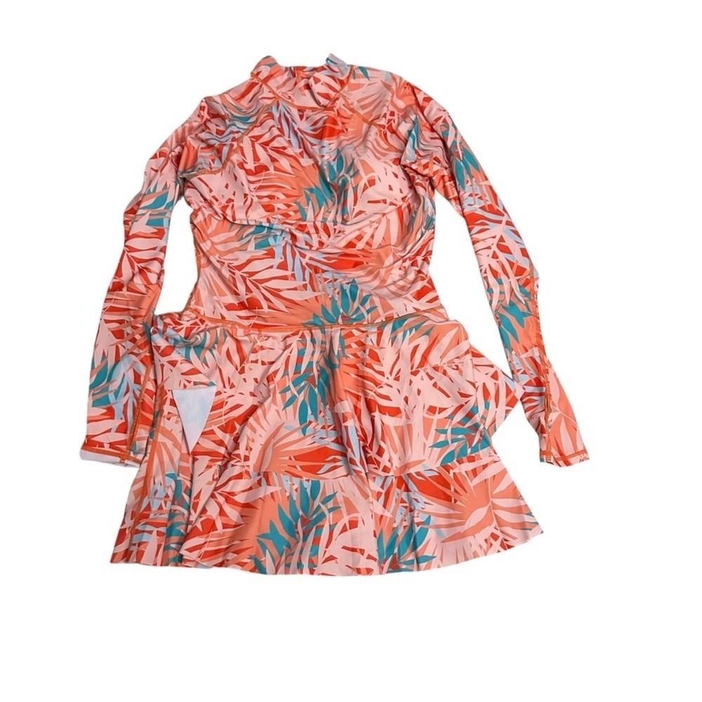 Vibrant Orange and Blue Leaf Print One-Piece Swimsuit - Picture 3 of 4